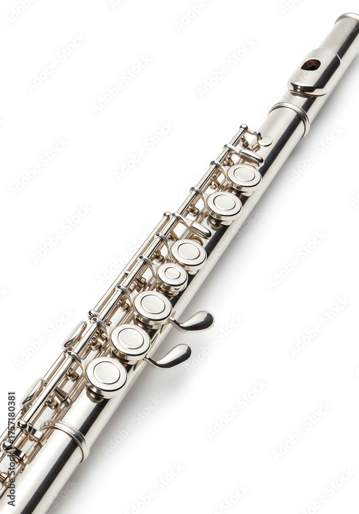 Fototapeta premium Silver Flute with Metal Keys and Circular Pads on White Background