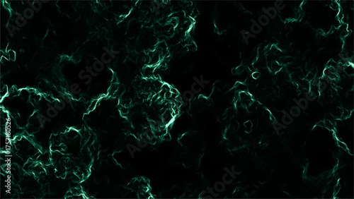 Dark abstract digital background with glowing green electric smoke texture. Plasma energy veins or lightning flow. Futuristic and mysterious visual effect with depth and light contrast.