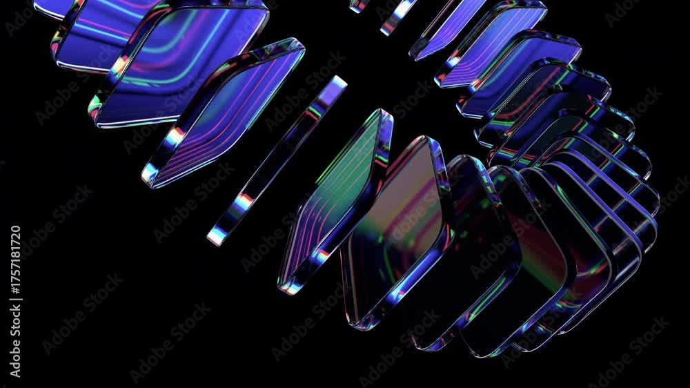 Abstract geometric animation, rotating colorful glass blocks on a black ...