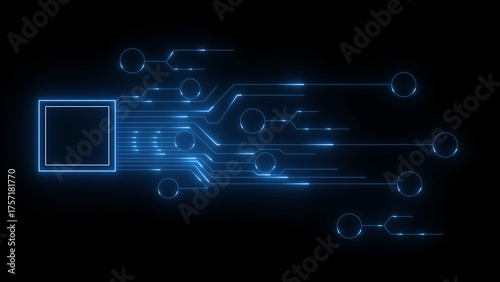 Glowing blue circuit board lines and nodes on black background abstract