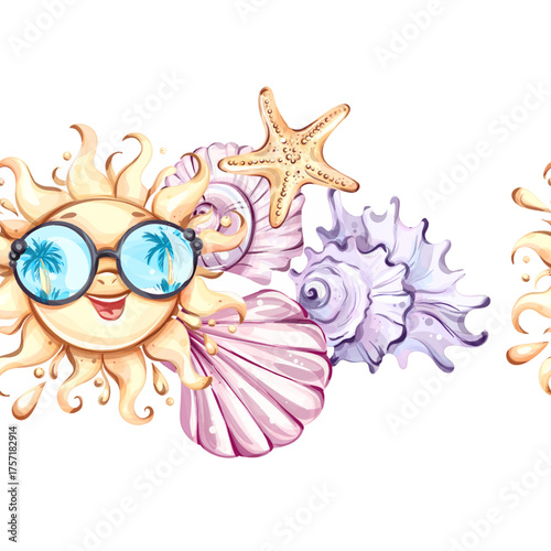Seamless pattern background wallpaper featuring summer vibes with sunshine, seashells, and starfish for joyful beach holidays and festive occasions
