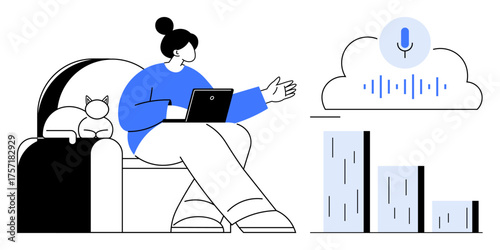 Woman sitting on couch with tablet, cat, and voice recognition cloud AI. Ideal for technology, AI, data processing, remote work, innovation, digital communication simple flat metaphor