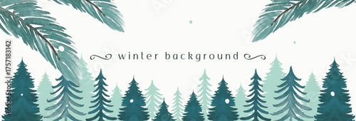 Winter background with spruce forest and snow in vector in watercolour style.	