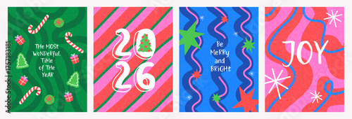 Merry Christmas and Happy New Year greeting card, banner, poster, cover templates. Modern bright Xmas design with beautiful doodle elements, Christmas tree, gifts, balls, snowflakes, stars.
