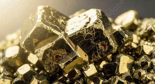 Closeup shot of pyrite crystals, also known as fools gold, showcasing their metallic luster and cubic structure in a mineral specimen