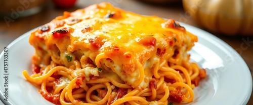 Golden-brown baked spaghetti casserole, bubbly cheese topping,  tomato sauce,  family meal
