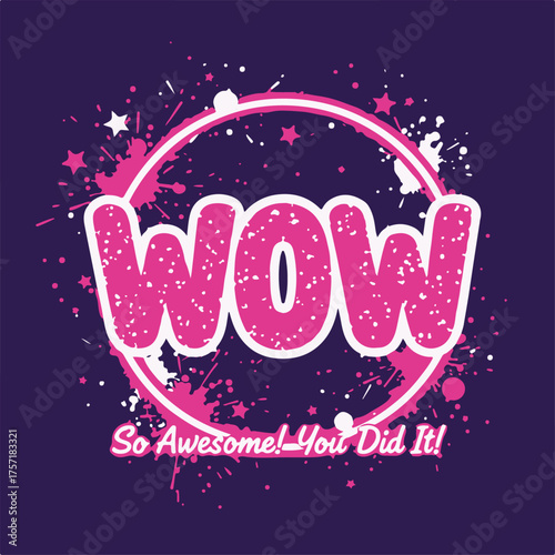 Vibrant Hot Pink WOW Hand-Painted Glitter Sticker.eps