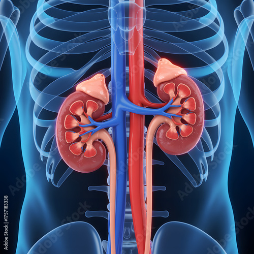 Detailed human kidney anatomy with arteries, veins, and adrenal glands, visualized within a skeletal and muscular system outline.