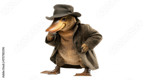 Cartoon platypus detective, brown fur, wearing fedora hat and trench coat isolated on Transparent Background