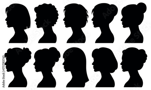 Woman profile silhouette set, female head side view collection, diverse hairstyles black graphic