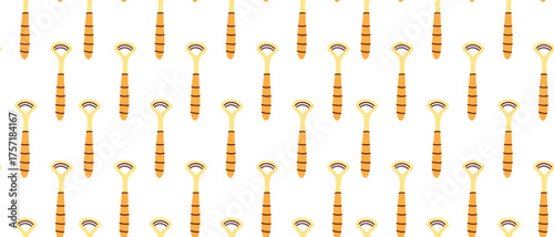 Seamless pattern with tongue scraper for oral hygiene and fresh breath. Repetitive background with dental instrument for health care or cleaning plaque from tongue surface.