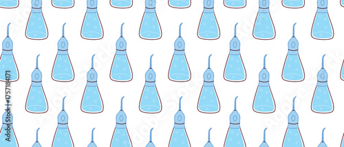 Seamless pattern with blue oral irrigator for effective teeth and gum cleaning. Repetitive background with water flosser, a modern device for dental hygiene and plaque removal.