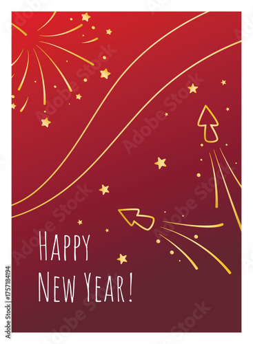 Happy New Year greeting card. Red background with golden fireworks, sparks, stars, and congratulatory text. Vector graphics