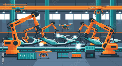 Automated Manufacturing Factory with Robotic Arms and Drones Assembling Vehicles