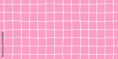 Check pink seamless pattern grid hand-drawn lines creating a playful background with wavy doodle textured stripes, perfect for cute designs and modern decor in vector crayon illustration.