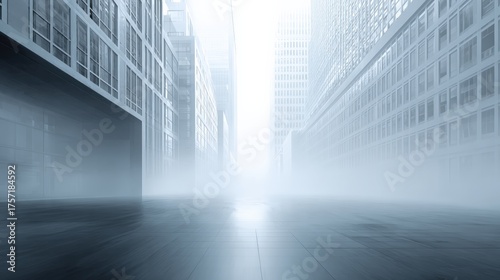 Foggy city street with skyscrapers in eerie urban setting