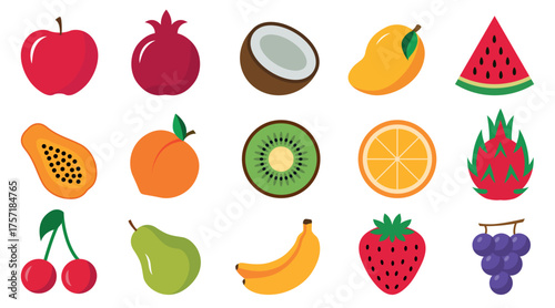 Colorful tropical fruit icons, fresh healthy fruits in flat vector style, juicy and organic fruit illustrations