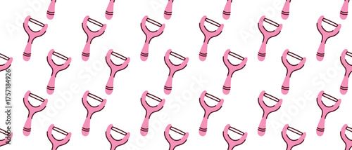 Seamless pattern with pink dental floss picks. Oral hygiene and daily tooth care concept. Background for dentistry or personal care products design. Vector illustration of dental tools.
