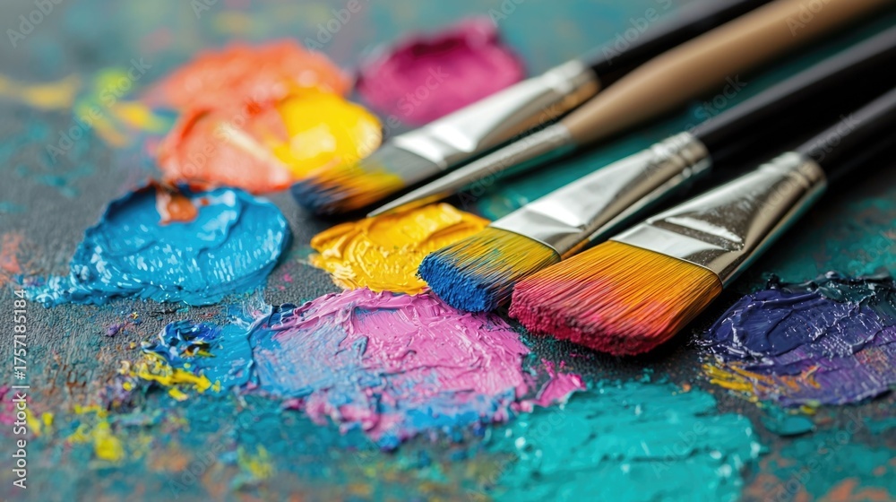 Fototapeta premium A vibrant and colorful array of acrylic paints with paint brushes arranged on a neutral textured surface representing the creativity and expression of endeavors