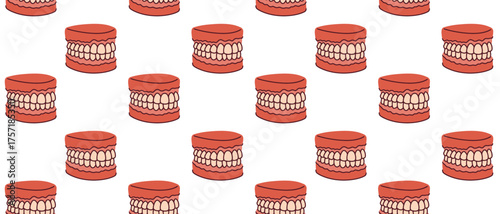 Seamless pattern with dentures in a glass of water. Concept of prosthetic dentistry, oral hygiene for seniors, and tooth loss treatment. Vector background for a dental clinic.