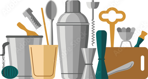 Assorted Cocktail Making Utensils Shaker, Jigger, Corkscrew, Muddler, Ice Bucket, Cutting Board, and Other Bar Tools