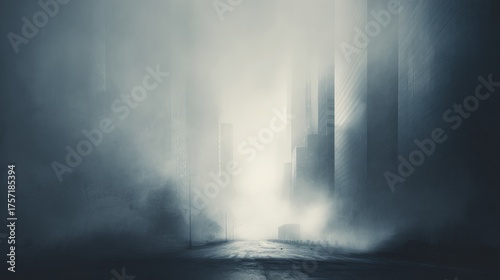 Mysterious city street enveloped in dense fog during daytime