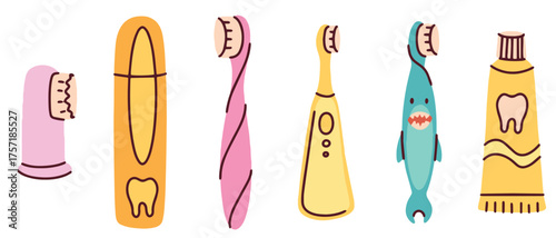 A set of various toothbrushes, toothpaste, and a travel case. Concept of daily oral hygiene, personal dental care, and travel essentials. Vector collection of teeth cleaning tools.