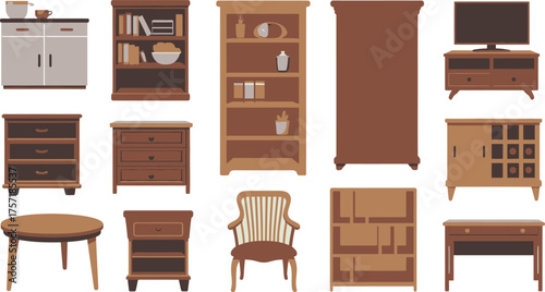 Assorted Collection of Furniture Cabinets, Bookcases, Dressers, Tables, Chair, Desk, and TV Stand