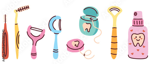 A collection of tools for advanced oral hygiene. Includes floss picks, interdental brushes, and a tongue scraper. Concept of deep cleaning, plaque removal, and fresh breath.