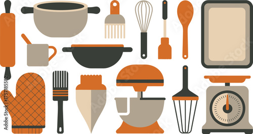 Assorted Kitchen Tools Illustration Rolling Pin, Pots, Whisk, Spoons, Oven Mitt, Pastry Bag, and Scale