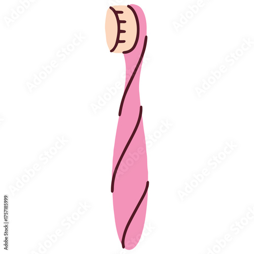 A simple and effective pink toothbrush designed for daily dental hygiene. This essential tool helps to remove plaque and keep teeth and gums clean and healthy as part of a regular morning and night ro