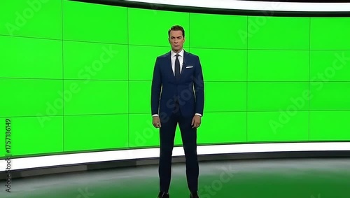 Male News Anchor Presenting in a Modern Studio with a Green Screen.