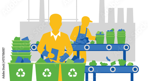 Workers sort recyclable materials on a conveyor belt at a processing facility
