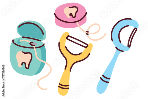 A set of essential oral hygiene tools for a complete mouth clean. This collection includes dental floss, two types of floss picks, and a tongue scraper to ensure fresh breath and healthy gums.