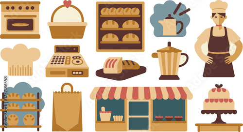 Bakery Elements Oven, Baker, Breads, Cake, Coffee Pot, Cash Register, Shelf, and Striped Awning Shopfront