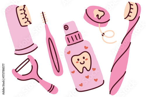 A cute set of pink dental care essentials for a daily oral hygiene routine. This collection includes a toothbrush, toothpaste, floss, and other professional tools to maintain a healthy and bright