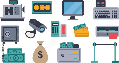Banking and Finance Icons Cash Register, Coins, Safe, Security Camera, Money, Wallet and Computer