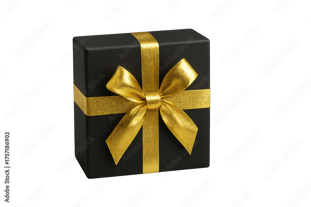 Obraz premium Black gift box with gold ribbon on transparent background