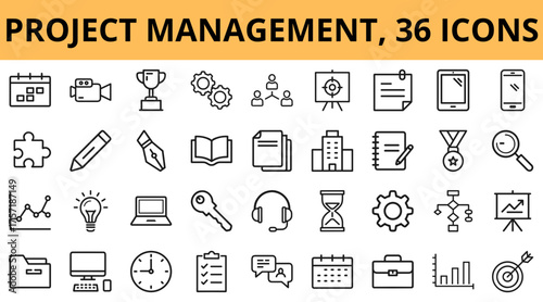 Project management icons in monochrome style for workflow organization  
