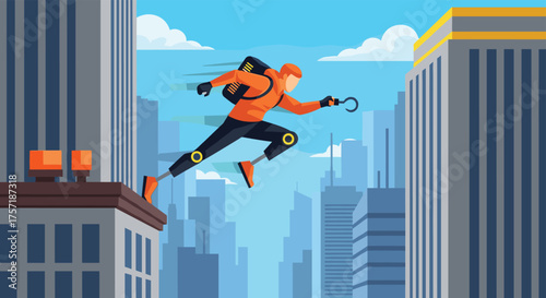 Agile character leaping across city rooftops on a sunny day