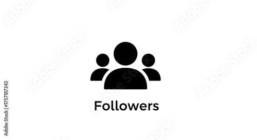 Simple black and white icon depicting three people representing followers, social media concept.