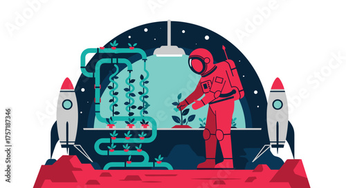 Astronaut tending to plants in a futuristic space garden with rockets