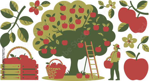 Cartoon Apple Harvest with Tree, Baskets, Ladder, and Farmer Picking Red Fruits