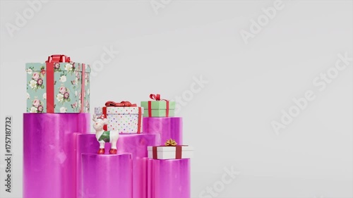 Christmas Pedestal Showcasing Vibrant Purple Gifts With Shiny Wrapping and Festive Decorations Stacked Together