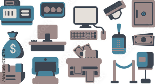 Cartoon Banking Assets Featuring Cash, Computer, Deposit Box, Money Bag, Security Camera, and Queue