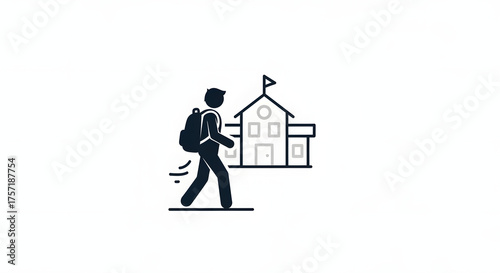 A stick figure student walks towards a school building, carrying a backpack.