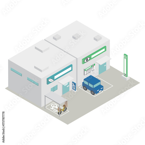 眼科とコンタクト店の併設の建物(アイソメトリック)