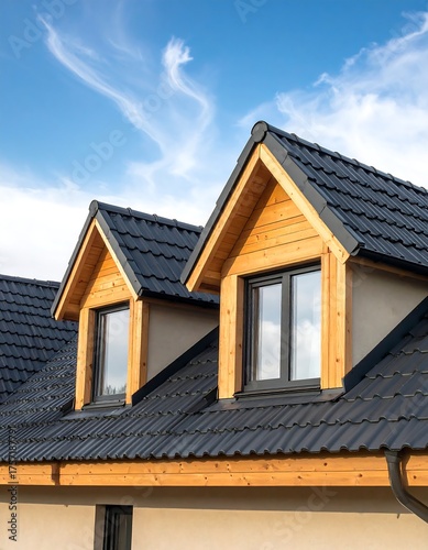 Dormers with dark tile roof, framed with wood, under a bright sky