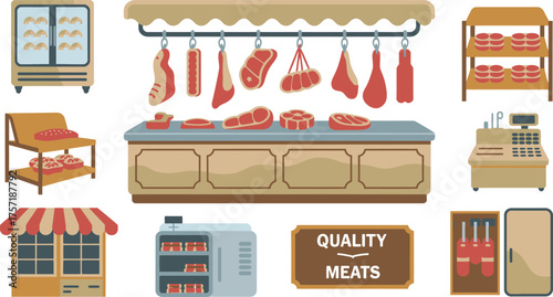 Cartoon Butcher Shop Featuring Hanging Meats, Displayed Cuts, Cash Register, and Storage Units Illustration