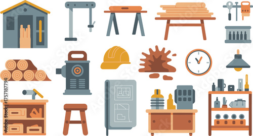 Carpenter's Workshop Illustration Tools, Woodpile, Workbench, Plans, Gear, Clock and Lamp Design Elements